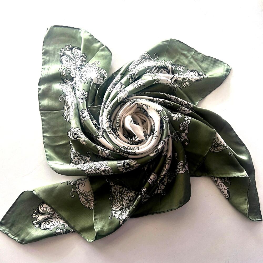 Vintage Huali Green Floral Women's 100% Silk Scarf, Hand Rolled Edges